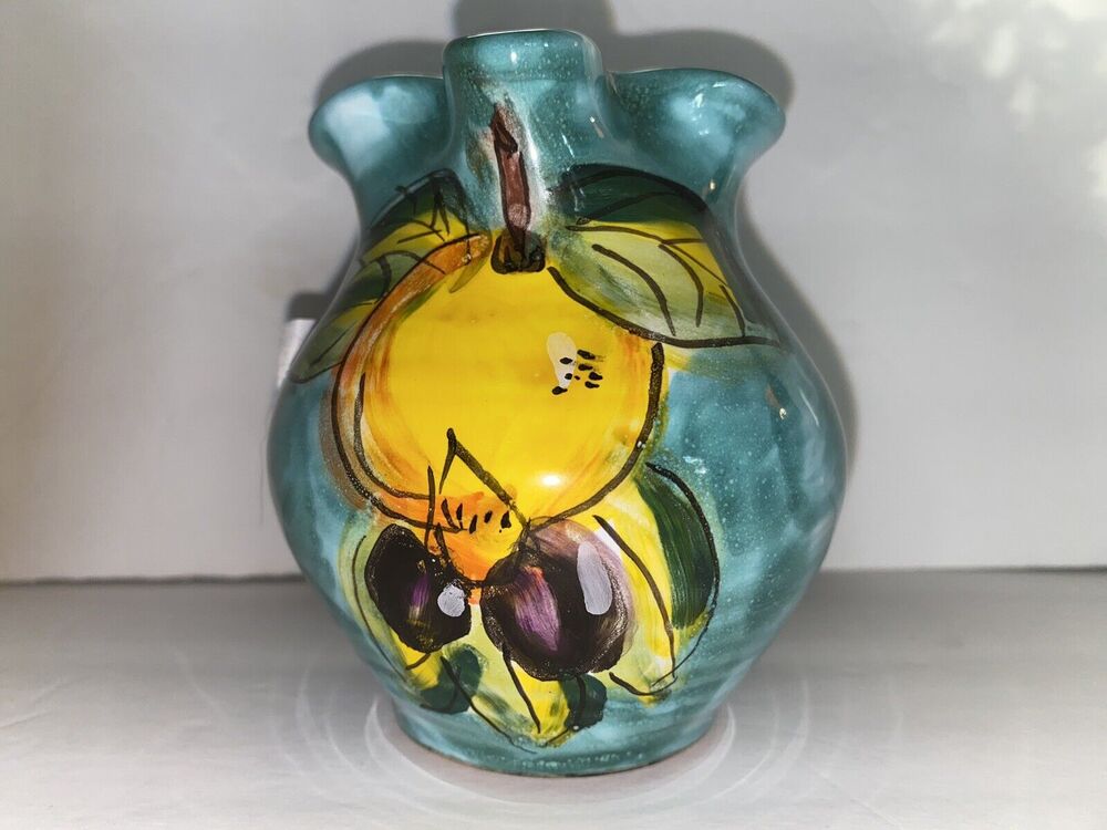 Italian Pottery Vase Creamer Signed Mottled Green Lemon Fruit Heavyweight